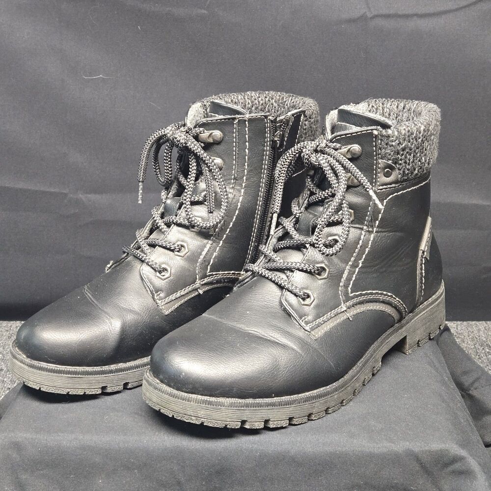 Eva & Zoe Women’s Combat Boots 8.5 Black Faux Leather Knit Zip Biker Style